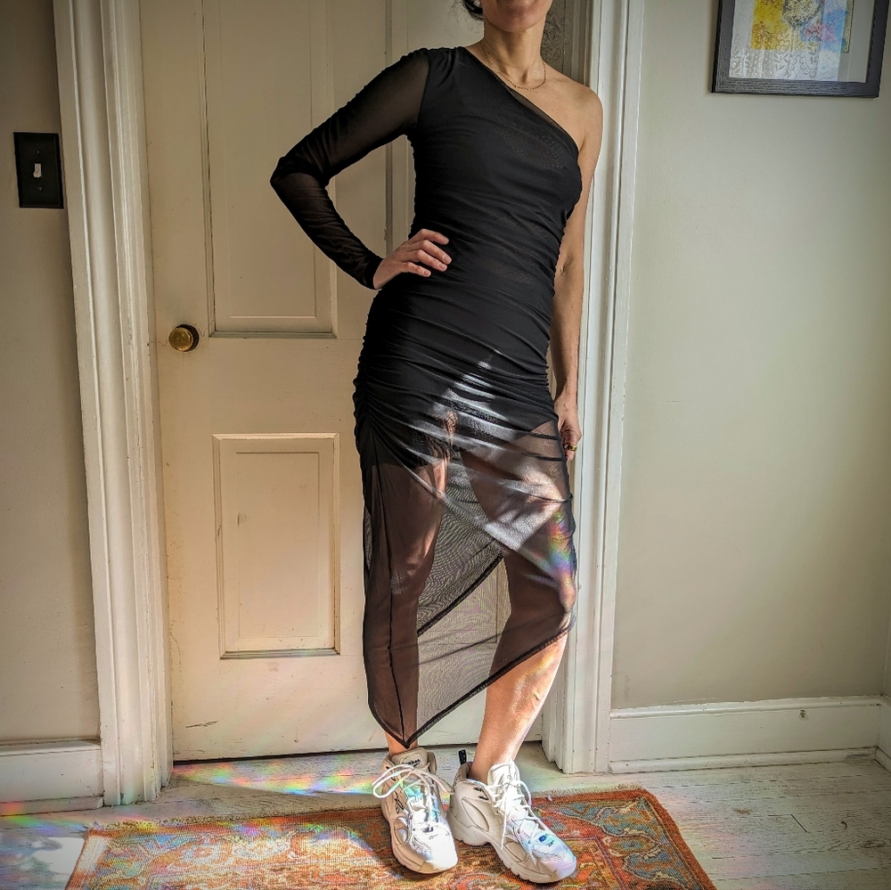 Asymmetrical one shoulder net dress